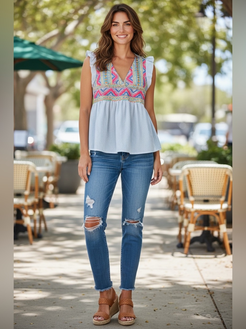 Savanna Jane Blue Tunic Top with Pink & Turquoise Embroidery